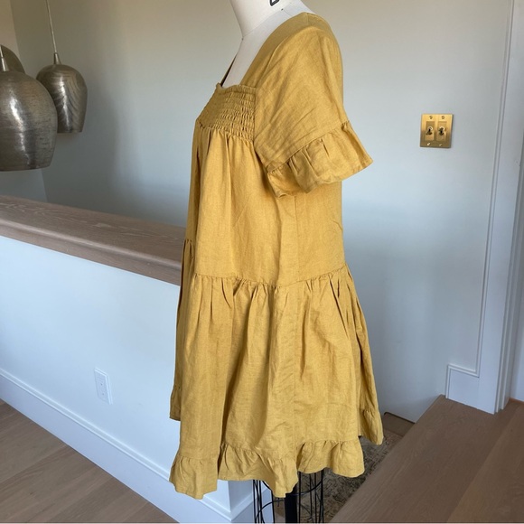 Free People Mustard Yellow Ruffle Trim Linen/Cotton Mini Dress w/pockets size XS - Picture 2 of 4